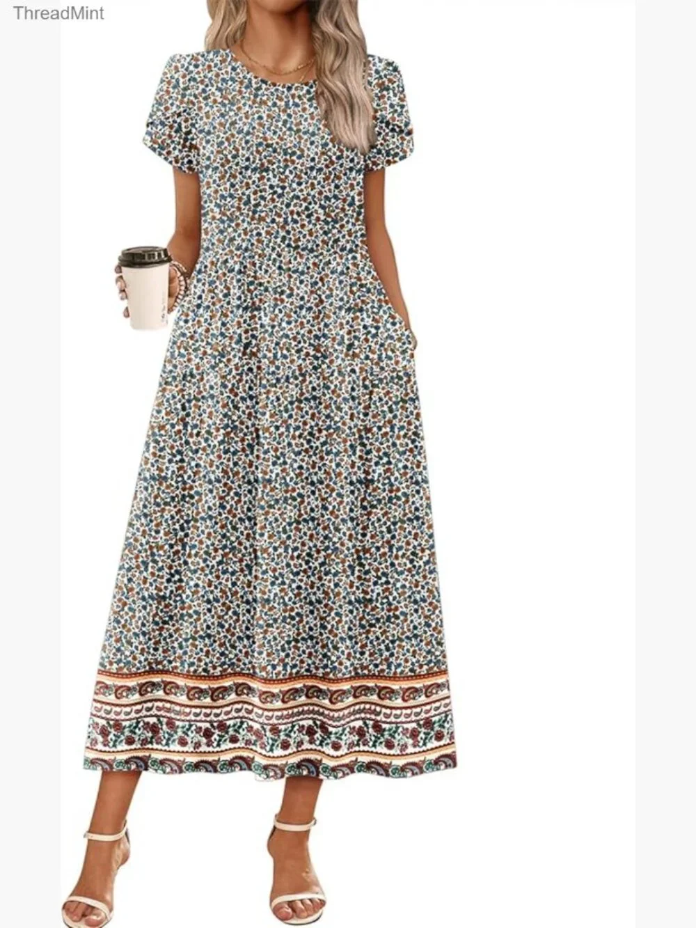Bohemian Floral Maxi Dress - Short Sleeve Flowy Casual Beach Sundress - Picture 1 of 7